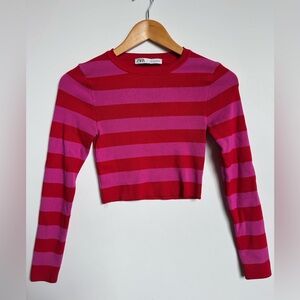 Zara Red and Pink Striped Crop Top